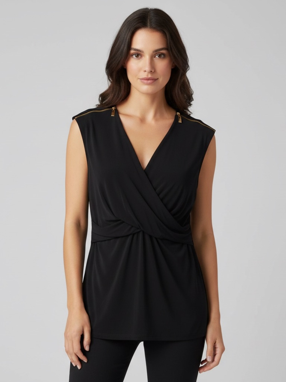 CHAUS New York Black Sleeveless Wrap Blouse with Gold Zipper Shoulder Accents